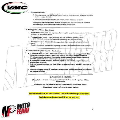 MF9824 Kit Pompa Freno VMC Manubrio Vespa 50 Special R L N 125 ET3 Primavera