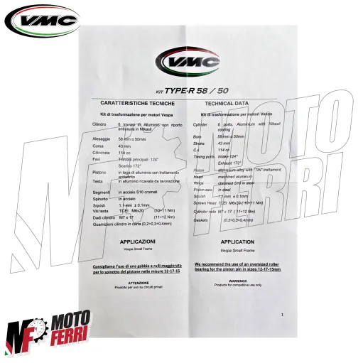 MF3408 Cilindro VMC Type R DM 58 114cc Vespa 50 Special L R N PK HP S XL APE