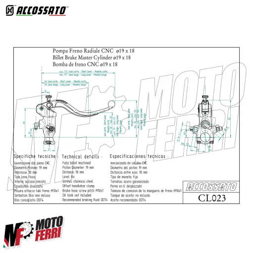 MF8342 Pompa Freno Anteriore Radiale ACCOSSATO 19x18 Leva Nera Fissa Moto