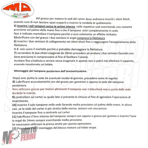 MF4068 Silent Block Supporto Motore MD Racing Rosso Vespa 50 125 Special ET3 PK