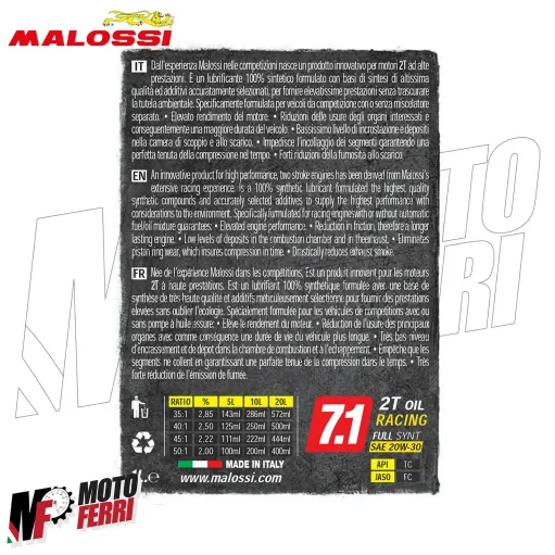 MF1936 - 1 Litro olio Malossi 7.1 2T Racing race 100% Sintetico Miscela 2 Tempi