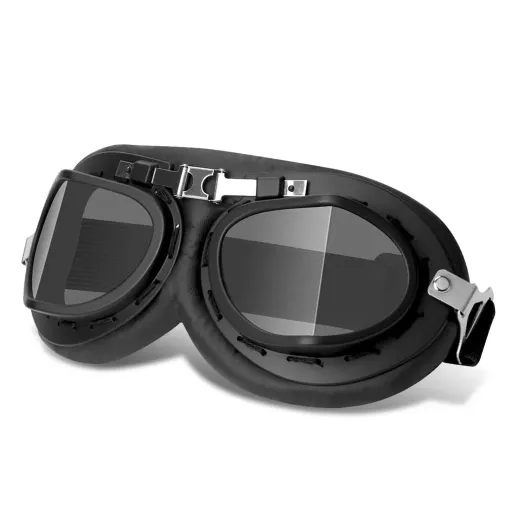 MF4568 Occhiali in Pelle Nera - Lenti da Sole - Casco Moto Scooter Vespa Vintage