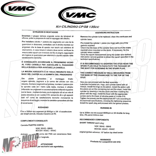 MF5575 Kit Gruppo Termico Cilindro VMC CP58 135 CC Vespa 50 Special R PK S Ape