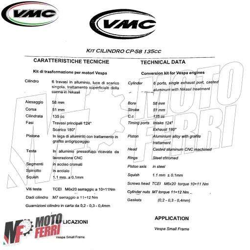 MF5575 Kit Gruppo Termico Cilindro VMC CP58 135 CC Vespa 50 Special R PK S Ape