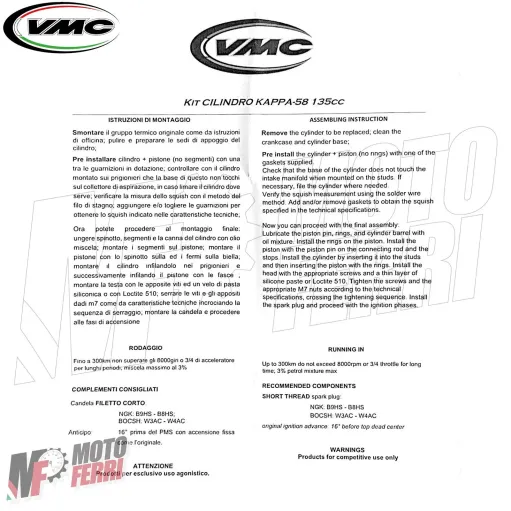 MF6579 Kit Cilindro Alluminio VMC Kappa 58 Corsa 51 Vespa 50 125 Special ET3 PK