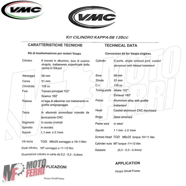 MF6579 Kit Cilindro Alluminio VMC Kappa 58 Corsa 51 Vespa 50 125 Special ET3 PK