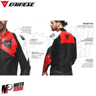 MF7812 Giacca Dainese in Pelle Moto Sportiva Leather Jacket Nero Logo Rosso