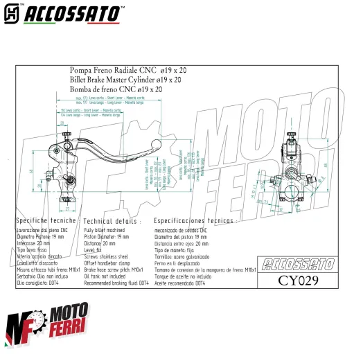MF8941 Pompa Freno Anteriore Radiale ACCOSSATO 19x20 Leva Nera Fissa Moto + olio