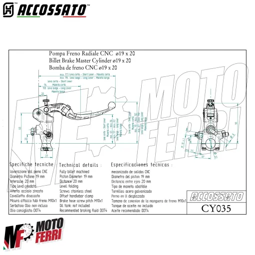MF8942 Pompa Freno Anteriore Radiale ACCOSSATO 19x20 Leva Nera Snodata Moto + olio